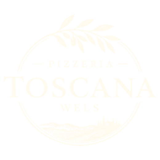 Logo der Pizzeria Toscana Wels: Olivenzweig über toskanischer Hügellandschaft
